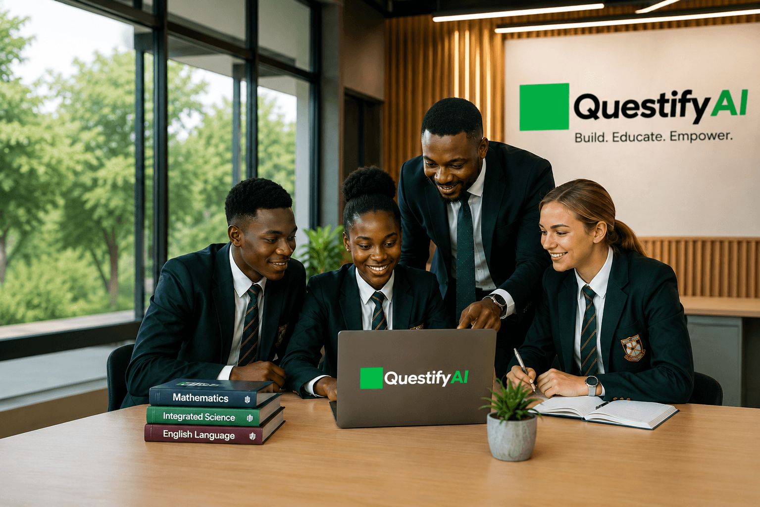 Ghanaian students and teacher using QuestifyAI in a modern classroom