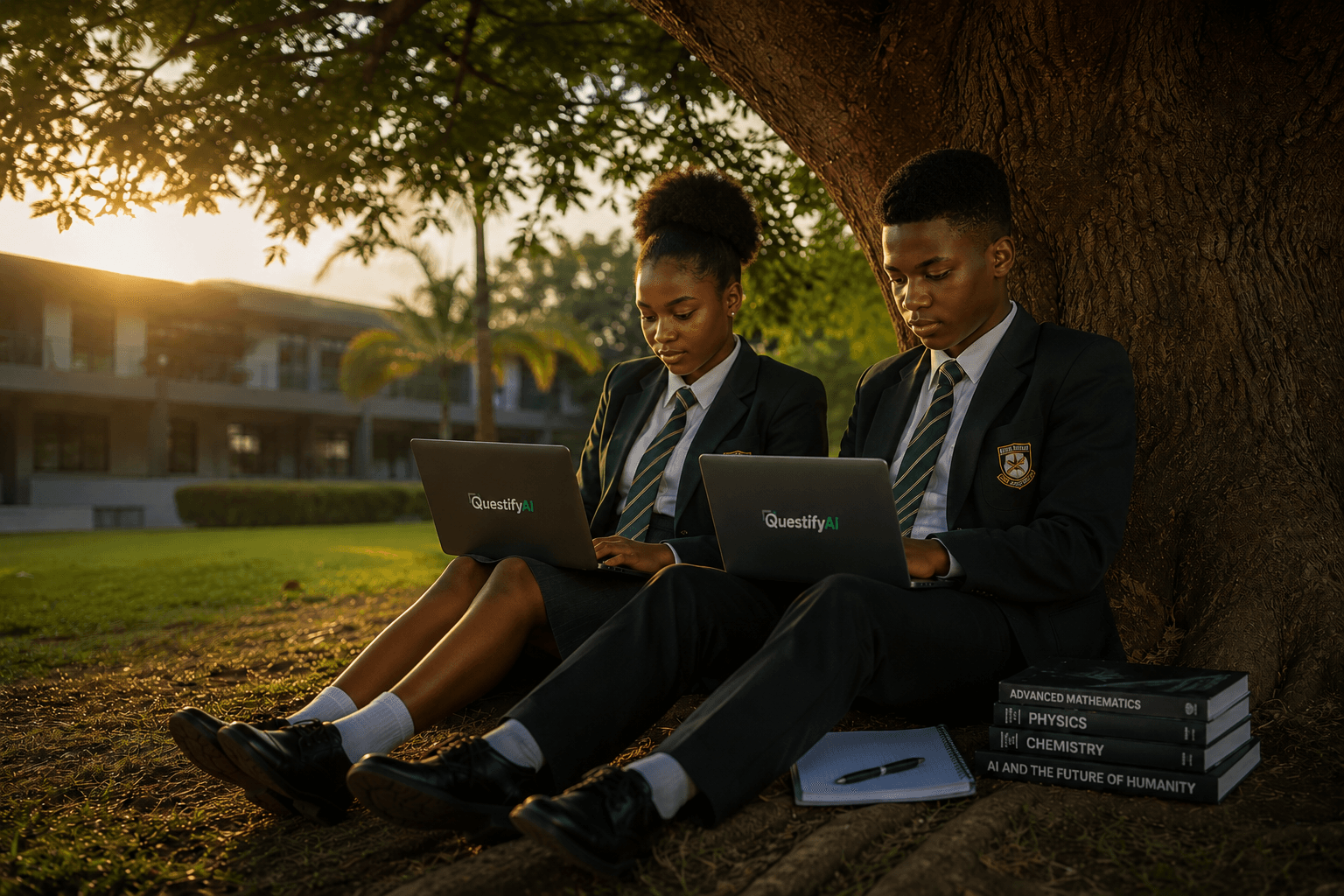 Ghanaian students using QuestifyAI on laptops outdoors at school
