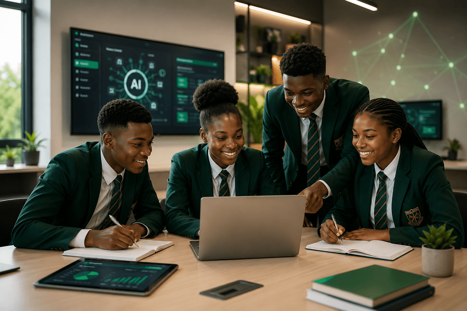 QuestifyAI team mentoring students with laptops and learning resources