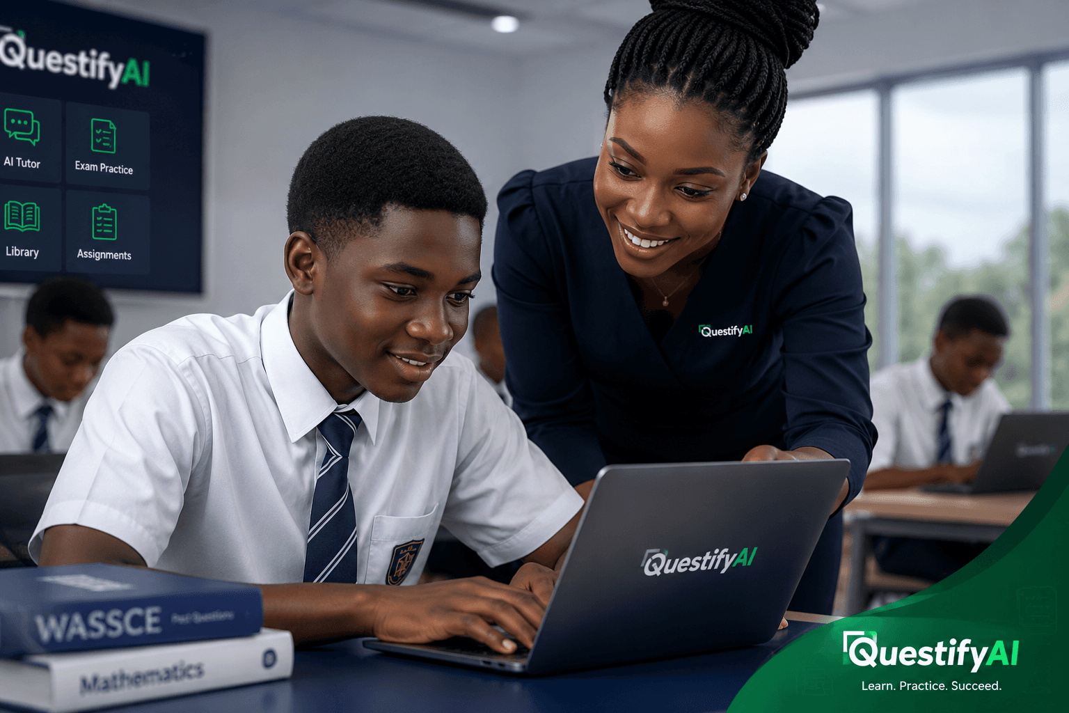 Teacher and student using QuestifyAI in a Ghanaian classroom